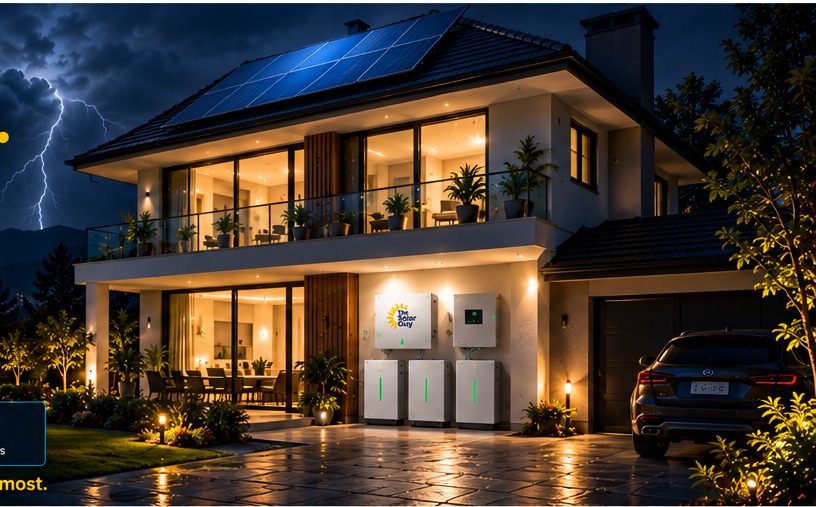 A solar-powered home remains illuminated during a nighttime power outage with battery backup
